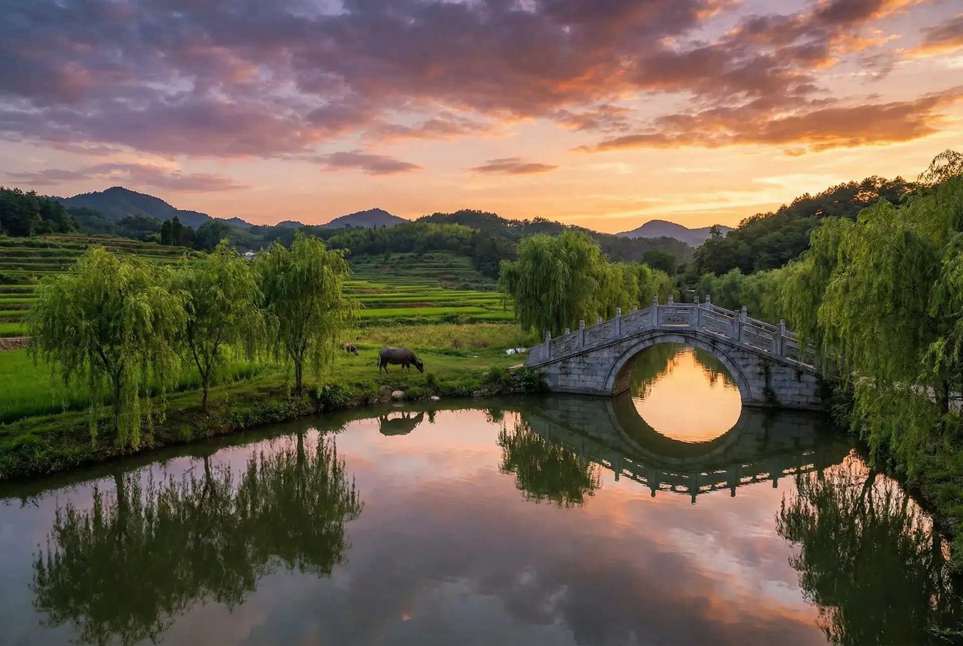 夕阳下的石拱桥与垂柳，水牛在河边吃草 - 善良的小峓子2韩剧 乡村美景